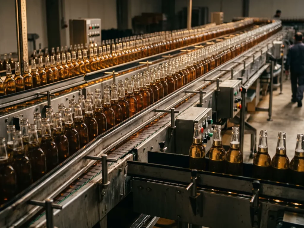 Vista cenital de una línea de producción de industria alimentaria.