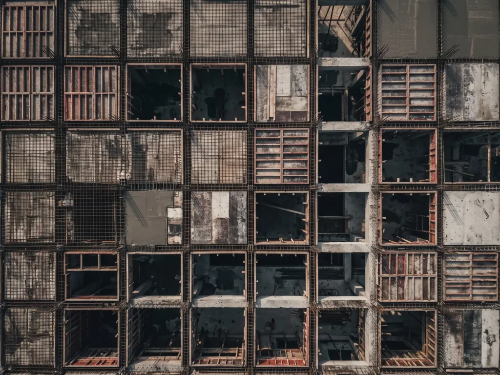 Vista cenital de la retícula de un forjado en construcción.