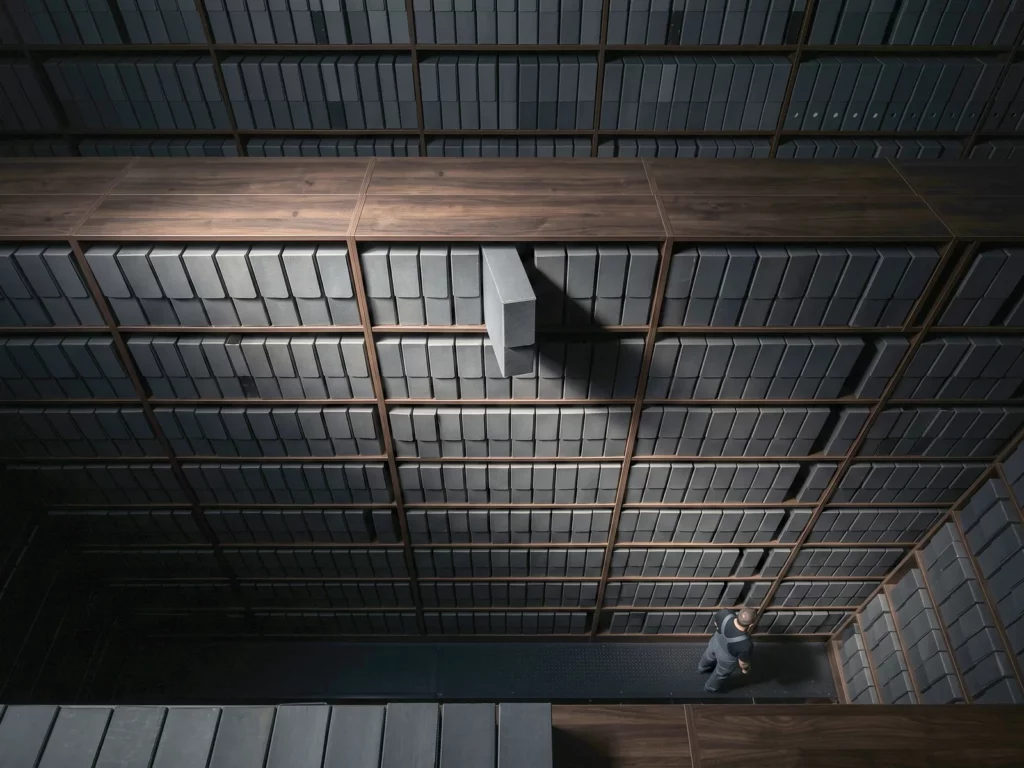 Vista aérea cenital de una pared de archivadores idénticos en estanterías de madera oscura, con una caja sacada de su fila y un operario diminuto al fondo.