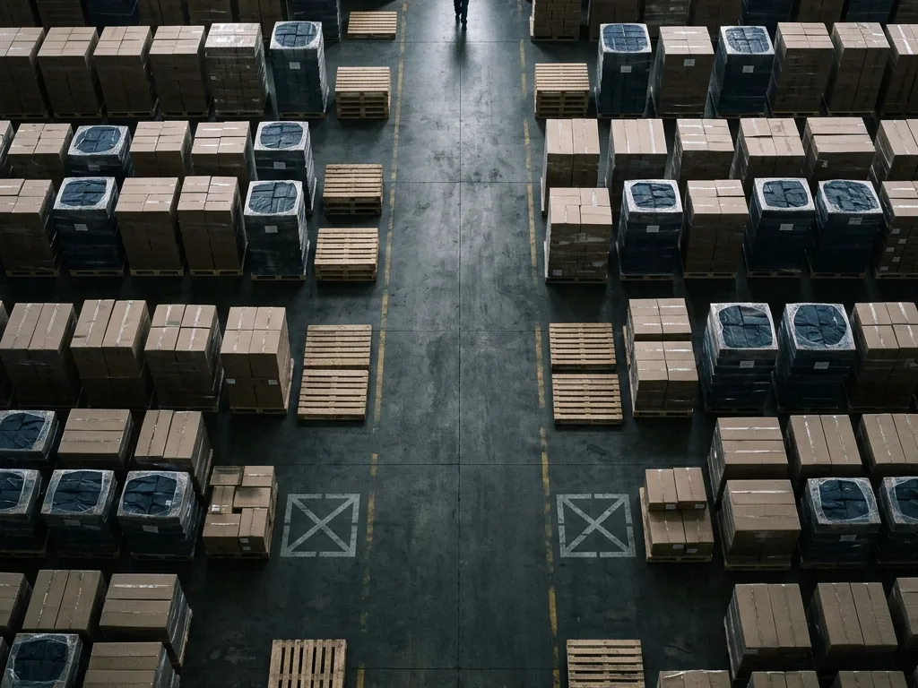 Vista aérea de un pasillo de almacén con palés formando retícula a ambos lados, varias posiciones vacías marcadas en el suelo y un operario diminuto al fondo.