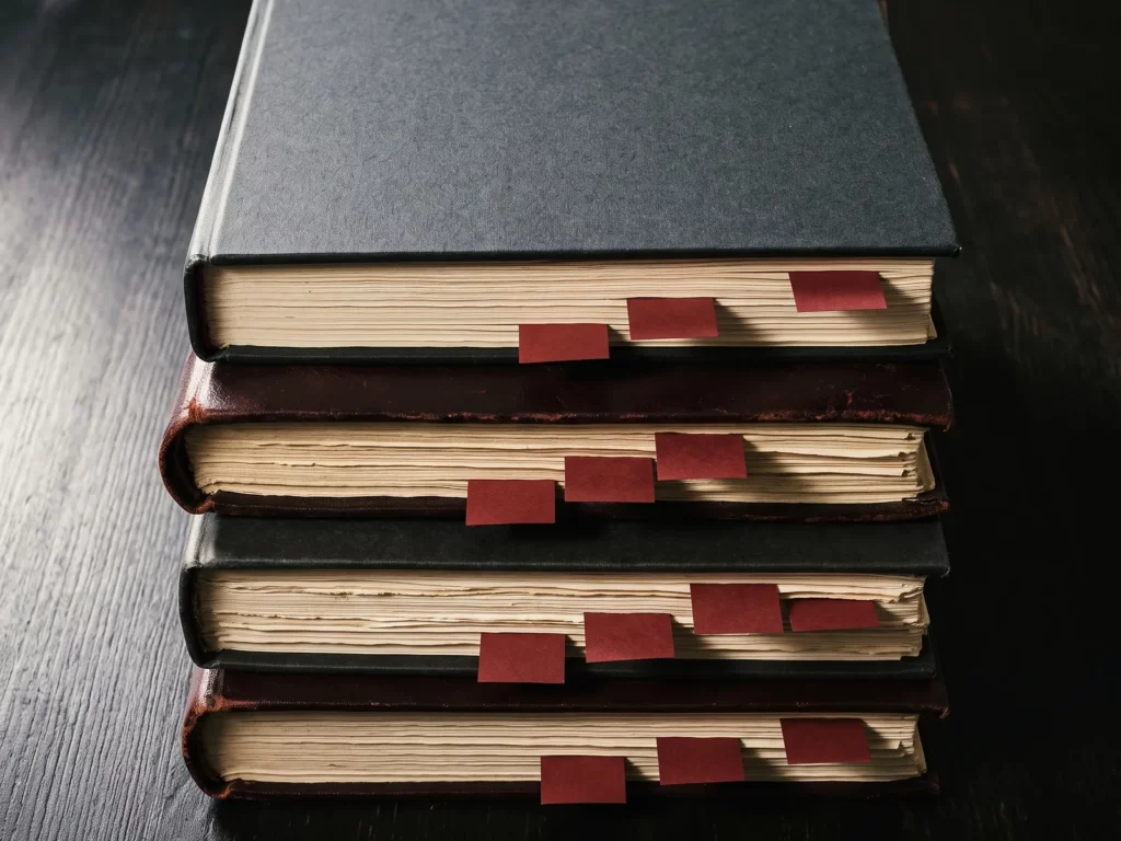 Cenital de cuatro expedientes gruesos apilados sobre una mesa oscura, con banderitas de firma rojas asomando por el canto a distintas alturas.